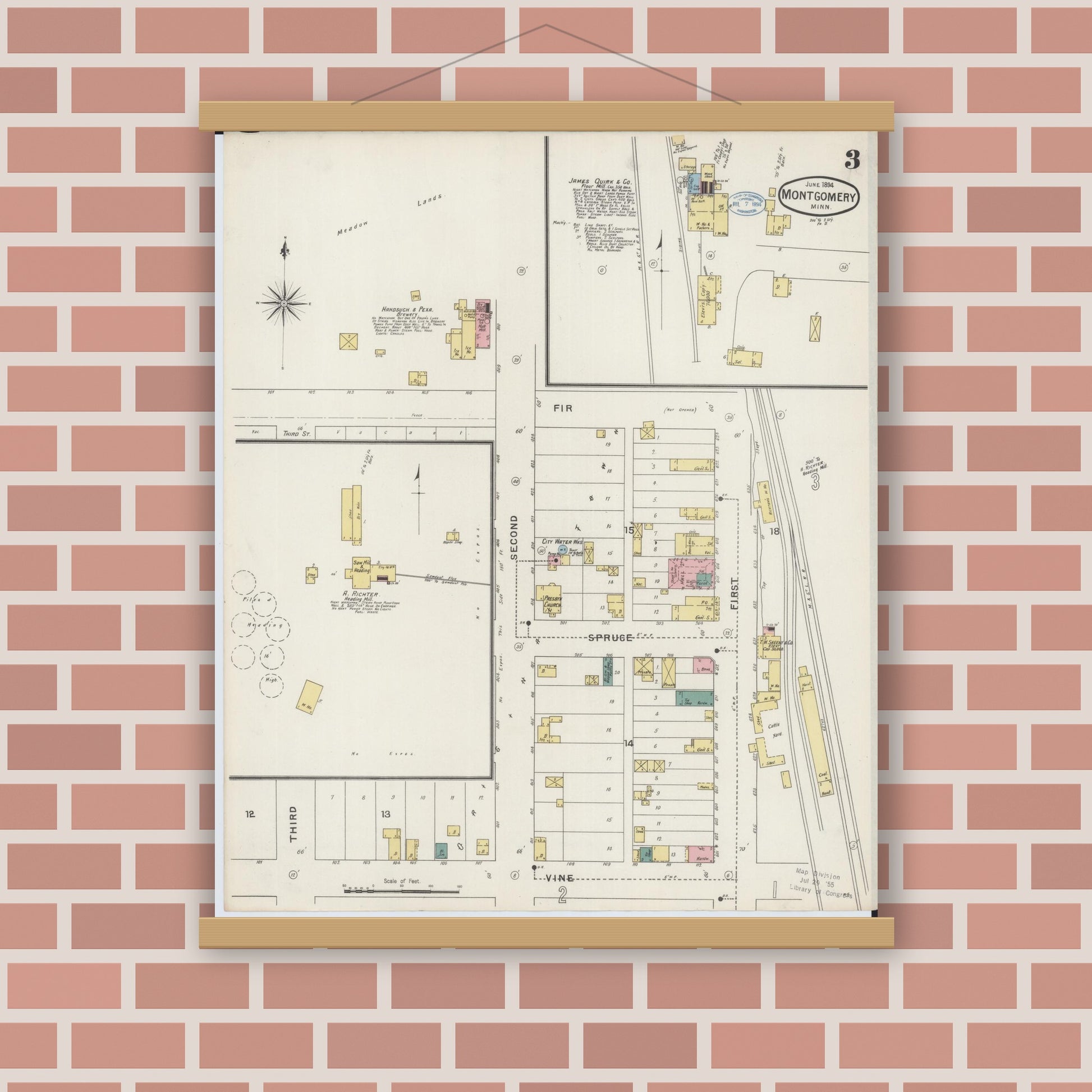 Old map wall art mockup — magnetic wood frame on brick wall — Sanborn Fire Insurance Map from Montgomery, Le Sueur  County, Minnesota (1894), Sheet #0003