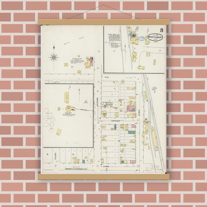 Old map wall art mockup — magnetic wood frame on brick wall — Sanborn Fire Insurance Map from Montgomery, Le Sueur  County, Minnesota (1894), Sheet #0003