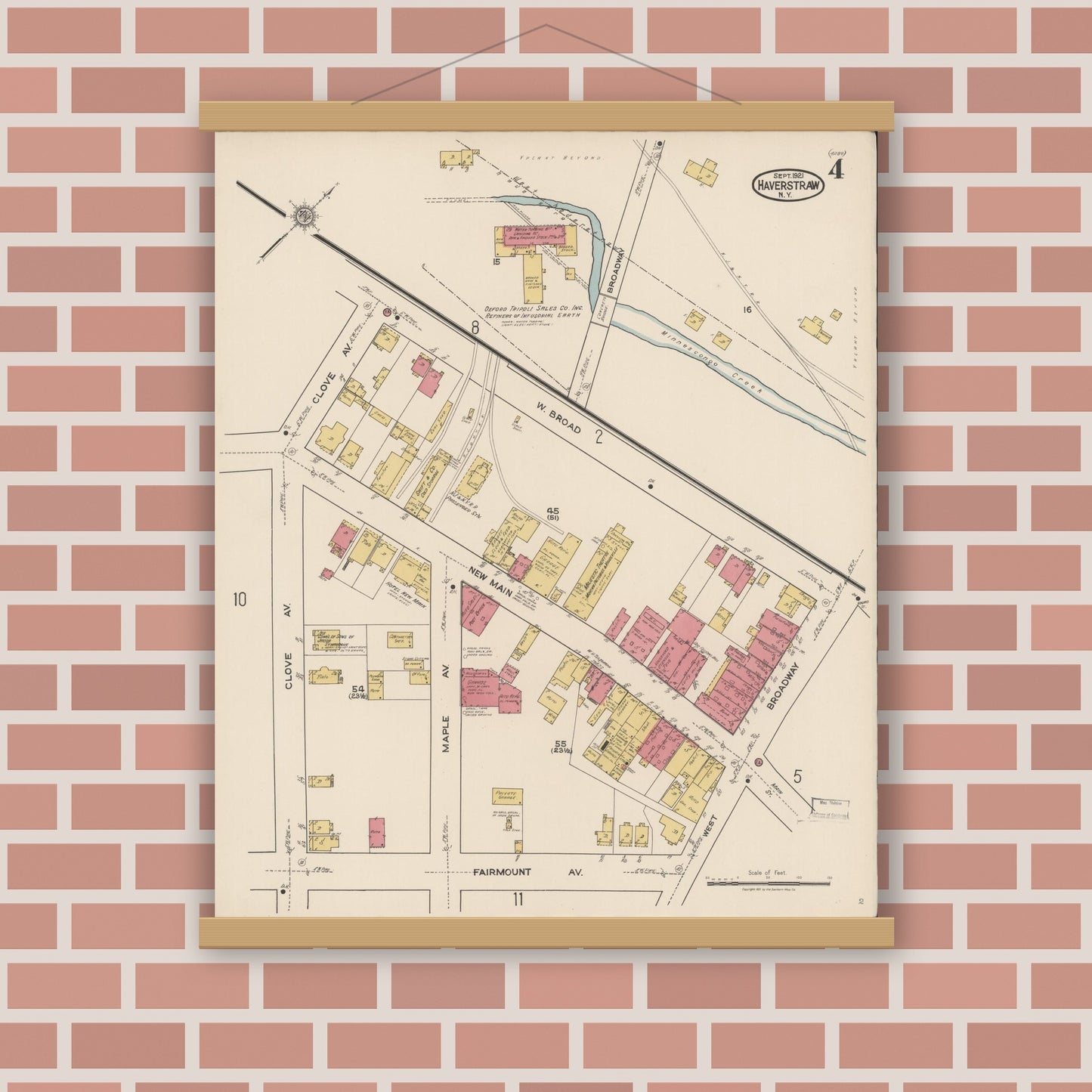 Old map wall art mockup — magnetic wood frame on brick wall — Sanborn Fire Insurance Map from Haverstraw, Rockland County, New York (1921), Sheet #0004