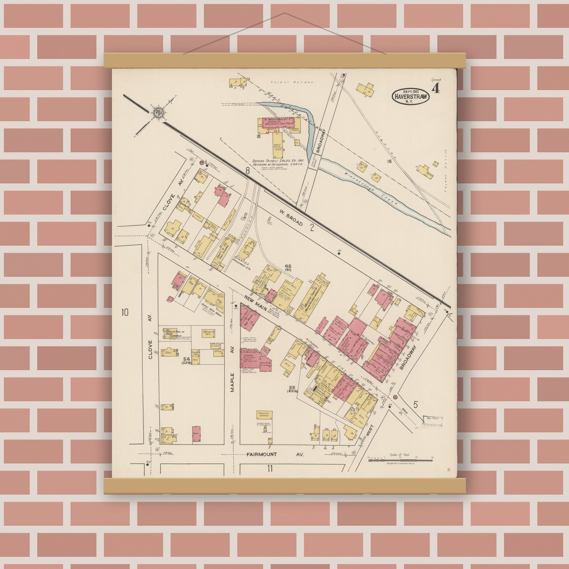 Old map wall art mockup — magnetic wood frame on brick wall — Sanborn Fire Insurance Map from Haverstraw, Rockland County, New York (1921), Sheet #0004