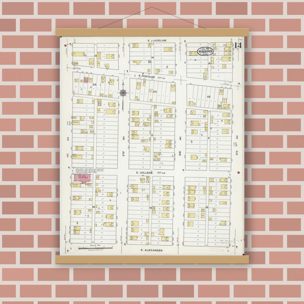 Old map wall art mockup — magnetic wood frame on brick wall — Sanborn Fire Insurance Map from Hibbing, Saint Louis County, Minnesota (1921), Sheet #0014