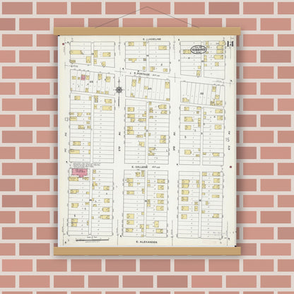 Old map wall art mockup — magnetic wood frame on brick wall — Sanborn Fire Insurance Map from Hibbing, Saint Louis County, Minnesota (1921), Sheet #0014