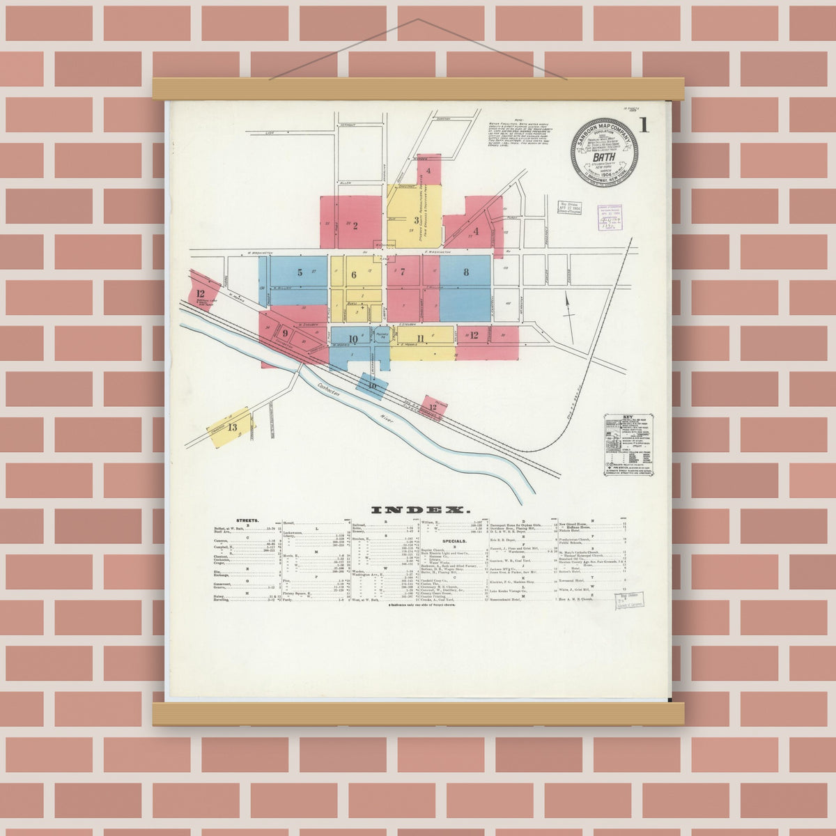 Old map wall art mockup — magnetic wood frame on brick wall — Sanborn Fire Insurance Map from Bath, Steuben County, New York (1904) - Complete Map Set