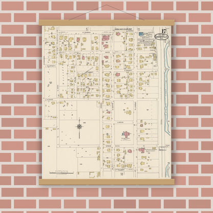 Old map wall art mockup — magnetic wood frame on brick wall — Sanborn Fire Insurance Map from Gainesville, Cooke County, Texas (1922), Sheet #0017