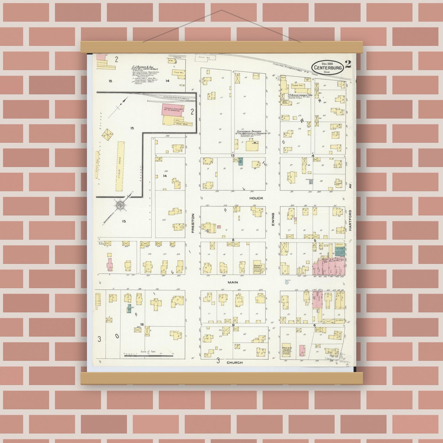 Old map wall art mockup — magnetic wood frame on brick wall — Sanborn Fire Insurance Map from Centerburg, Knox County, Ohio (1909), Sheet #0002