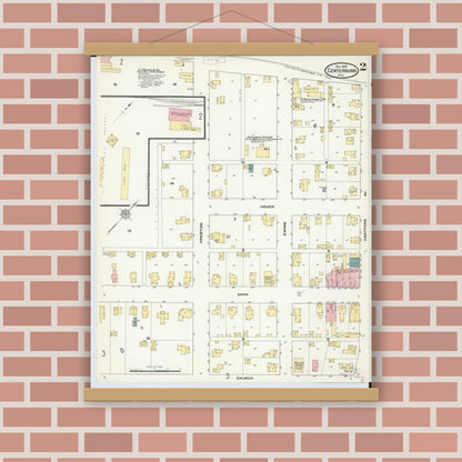 Old map wall art mockup — magnetic wood frame on brick wall — Sanborn Fire Insurance Map from Centerburg, Knox County, Ohio (1909), Sheet #0002