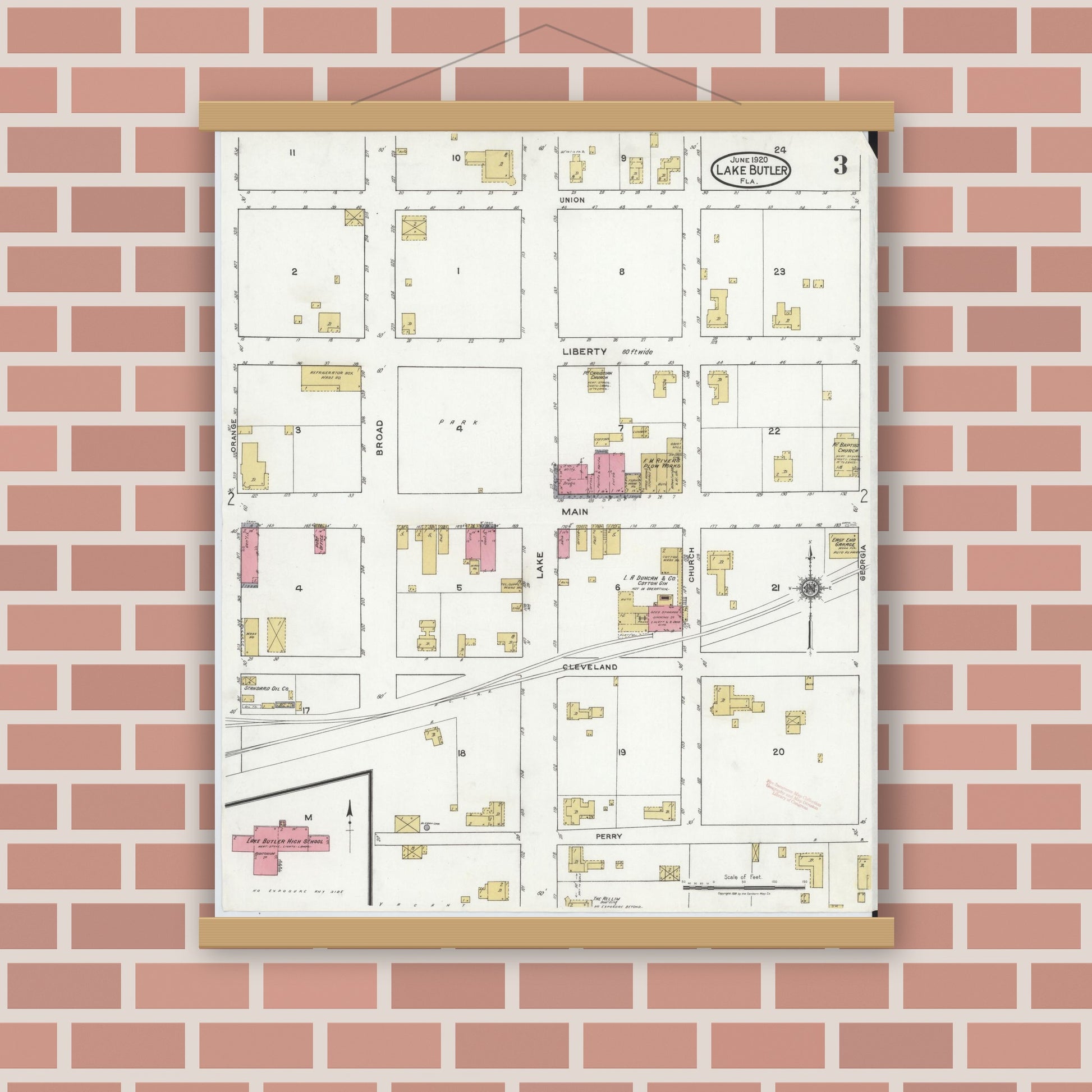 Old map wall art mockup — magnetic wood frame on brick wall — Sanborn Fire Insurance Map from Lake Butler, Union County, Florida (1920), Sheet #0003