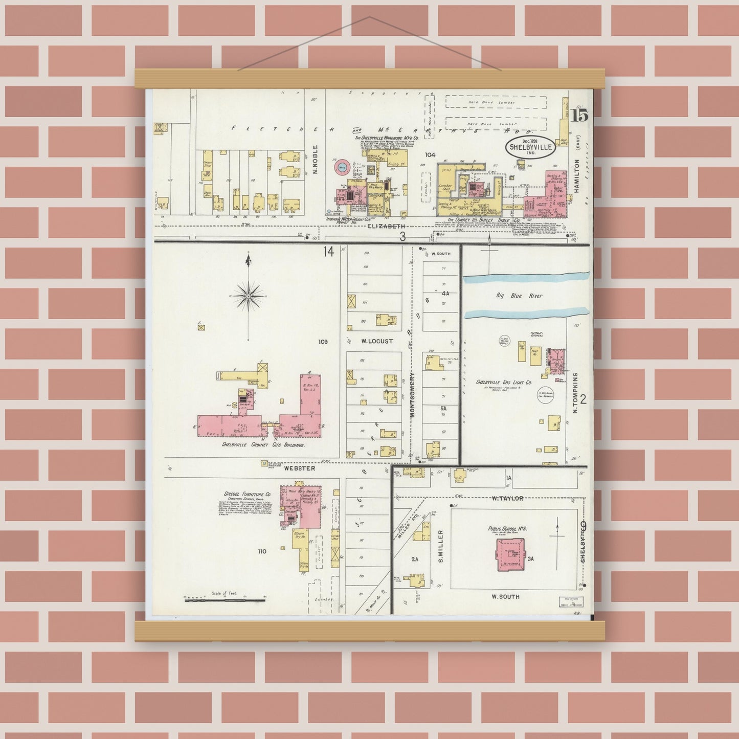 Old map wall art mockup — magnetic wood frame on brick wall — Sanborn Fire Insurance Map from Shelbyville, Shelby County, Indiana (1898), Sheet #0015