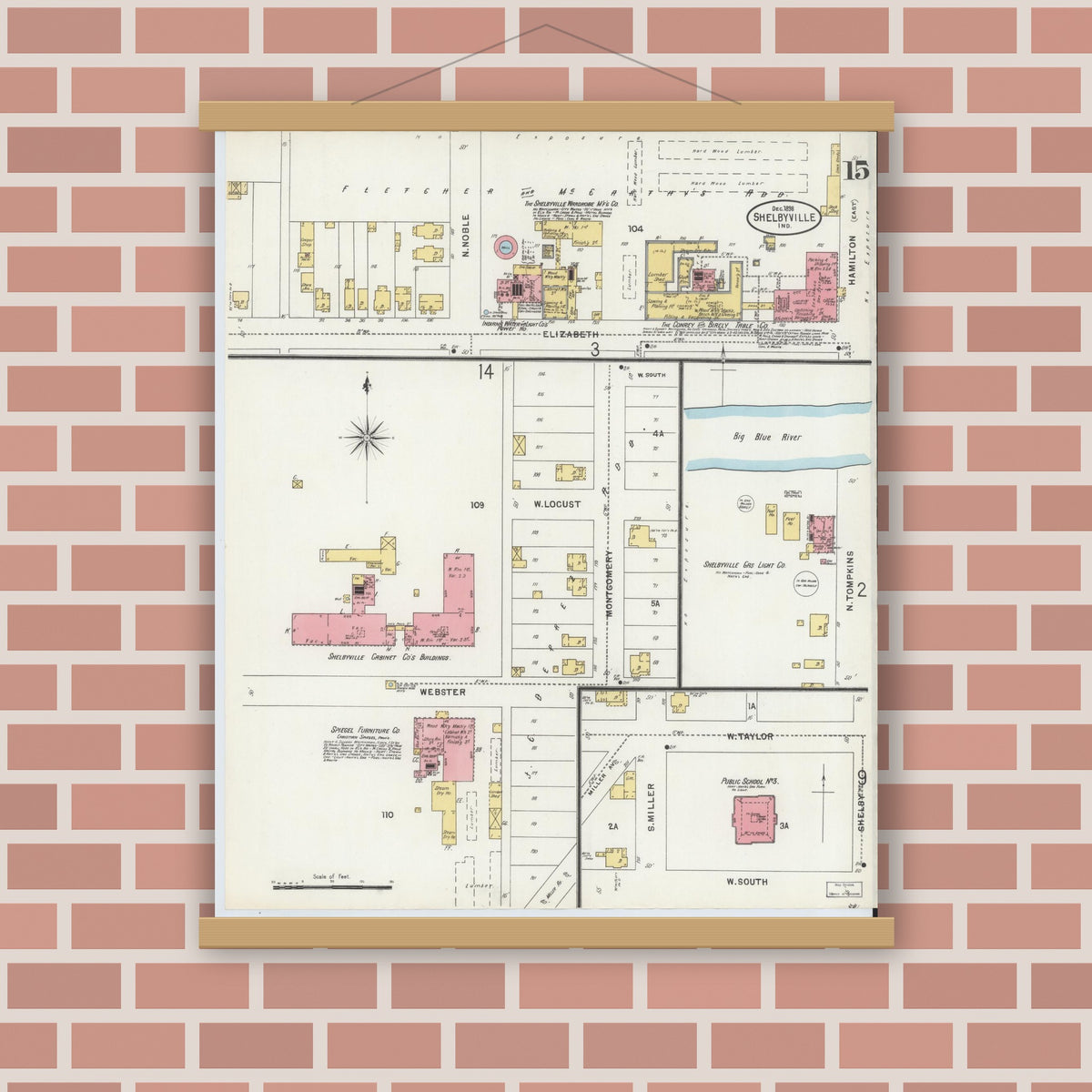 Old map wall art mockup — magnetic wood frame on brick wall — Sanborn Fire Insurance Map from Shelbyville, Shelby County, Indiana (1898), Sheet #0015
