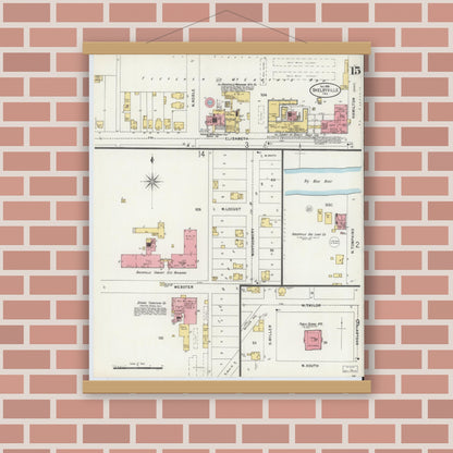 Old map wall art mockup — magnetic wood frame on brick wall — Sanborn Fire Insurance Map from Shelbyville, Shelby County, Indiana (1898), Sheet #0015