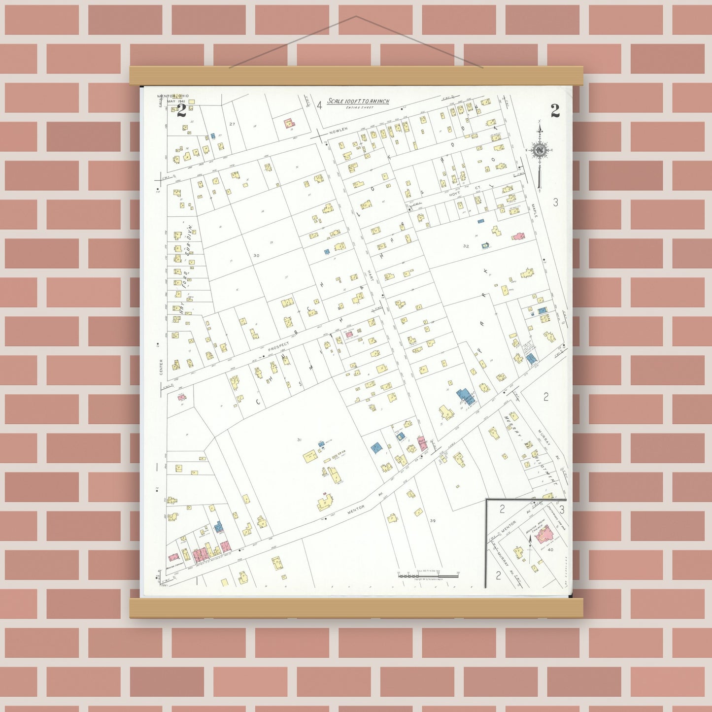 Old map wall art mockup — magnetic wood frame on brick wall — Sanborn Fire Insurance Map from Mentor, Lake County, Ohio (1941), Sheet #0002