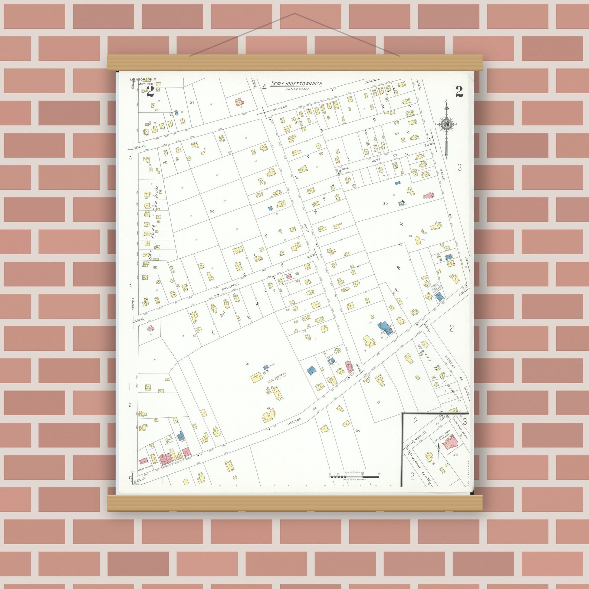 Old map wall art mockup — magnetic wood frame on brick wall — Sanborn Fire Insurance Map from Mentor, Lake County, Ohio (1941), Sheet #0002