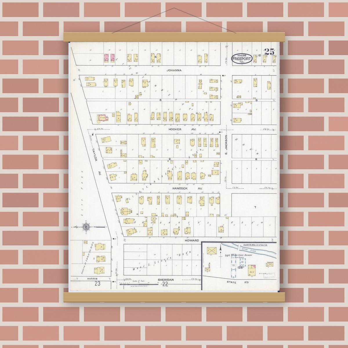 Old map wall art mockup — magnetic wood frame on brick wall — Sanborn Fire Insurance Map from Freeport, Stephenson County, Illinois (1918), Sheet #0025