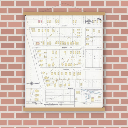 Old map wall art mockup — magnetic wood frame on brick wall — Sanborn Fire Insurance Map from Freeport, Stephenson County, Illinois (1918), Sheet #0025