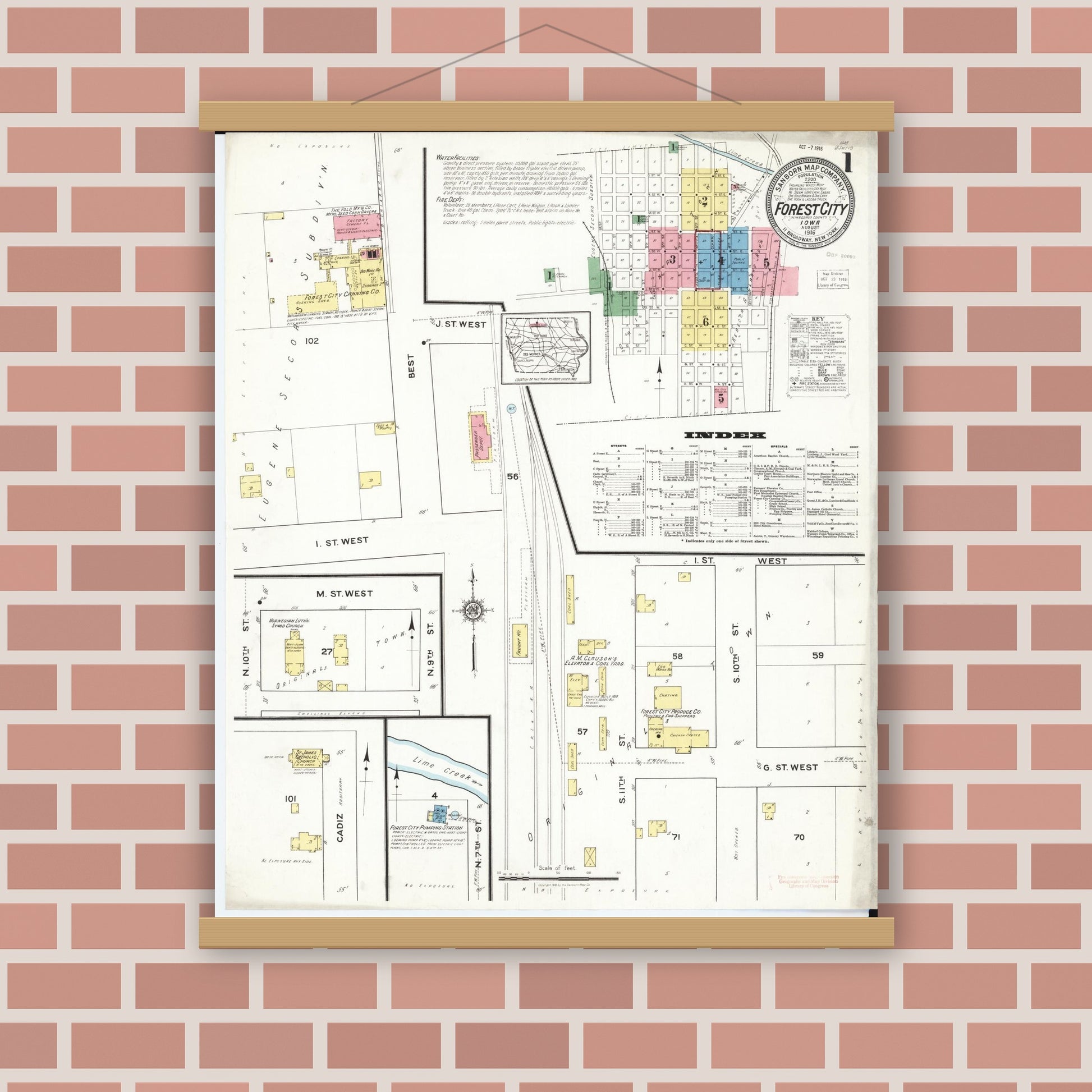 Old map wall art mockup — magnetic wood frame on brick wall — Sanborn Fire Insurance Map from Forest City, Winnebago County, Iowa (1916), Sheet #0001