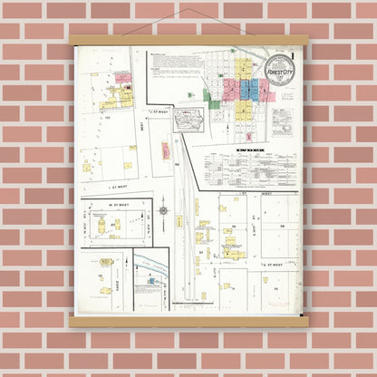 Old map wall art mockup — magnetic wood frame on brick wall — Sanborn Fire Insurance Map from Forest City, Winnebago County, Iowa (1916), Sheet #0001