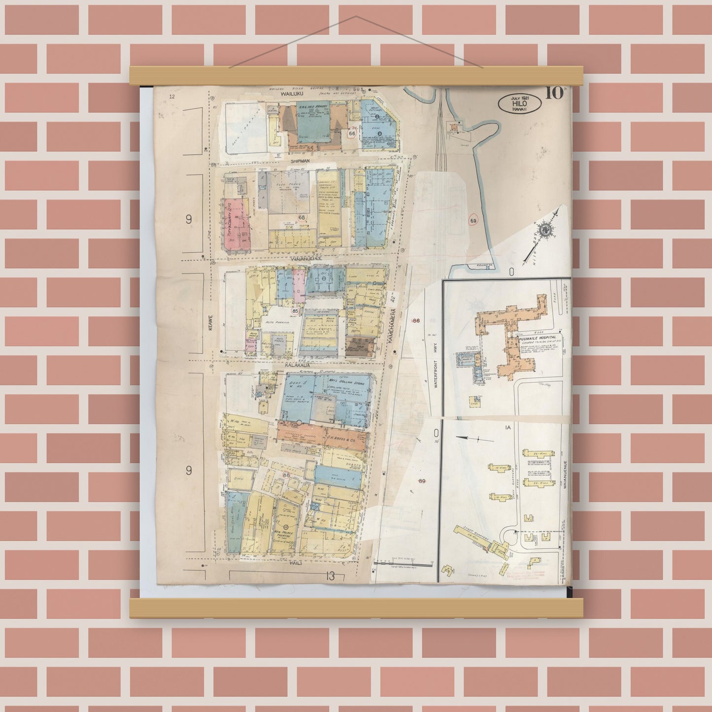 Old map wall art mockup — magnetic wood frame on brick wall — Sanborn Fire Insurance Map from Hilo, Hawaii County, Hawaii (1957), Sheet #0010