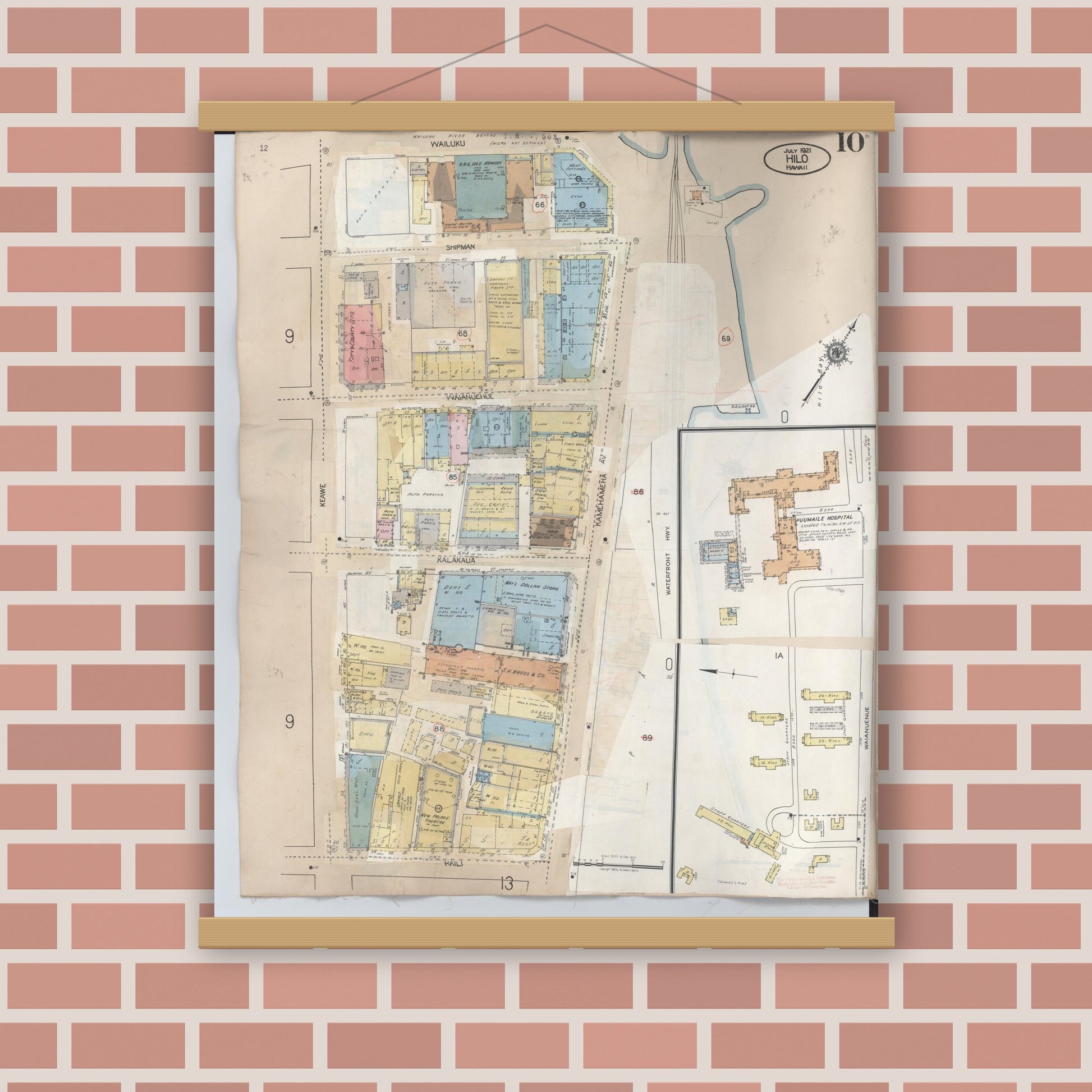 Old map wall art mockup — magnetic wood frame on brick wall — Sanborn Fire Insurance Map from Hilo, Hawaii County, Hawaii (1957), Sheet #0010