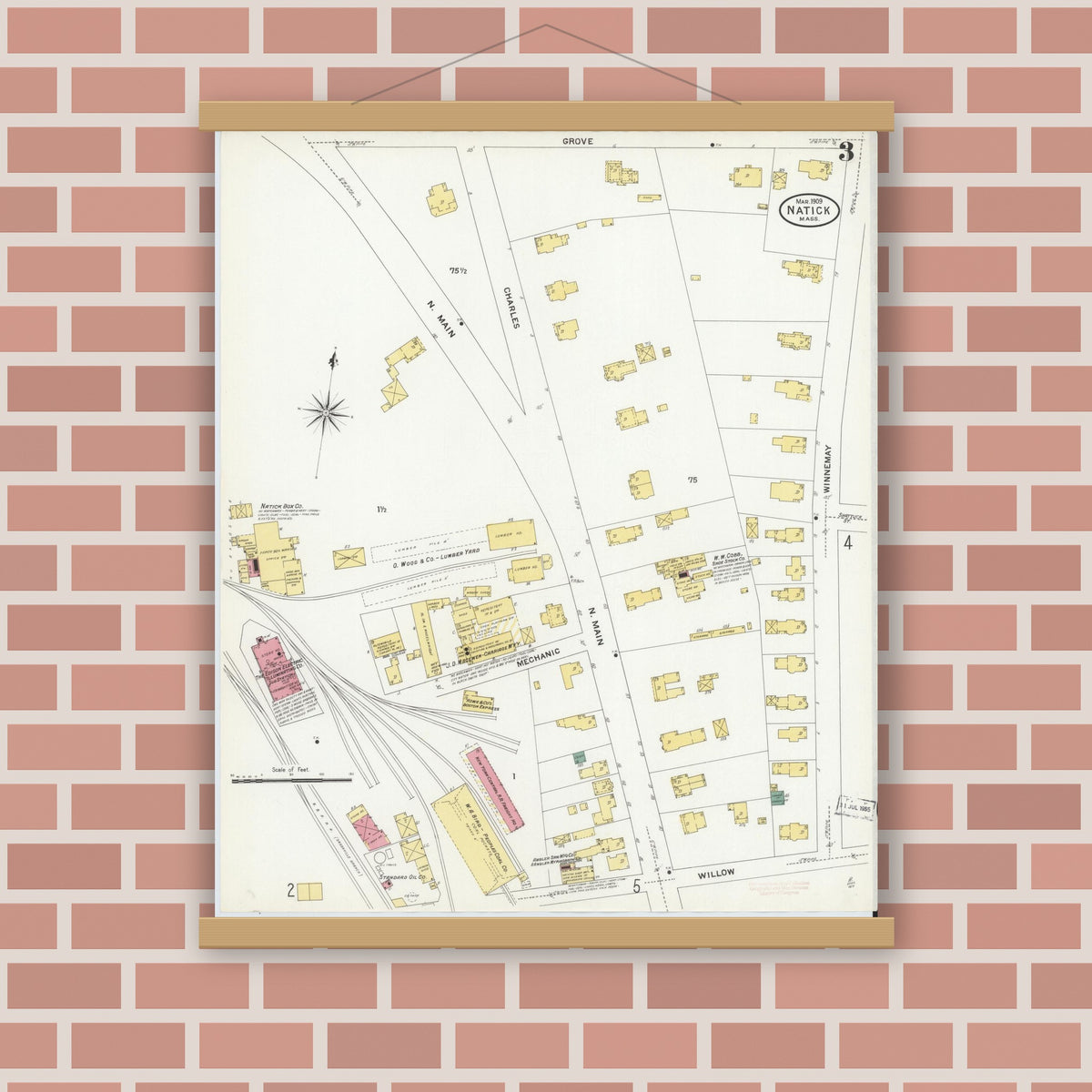 Old map wall art mockup — magnetic wood frame on brick wall — Sanborn Fire Insurance Map from Natick, Middlesex County, Massachusetts (1909), Sheet #0003