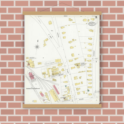 Old map wall art mockup — magnetic wood frame on brick wall — Sanborn Fire Insurance Map from Natick, Middlesex County, Massachusetts (1909), Sheet #0003