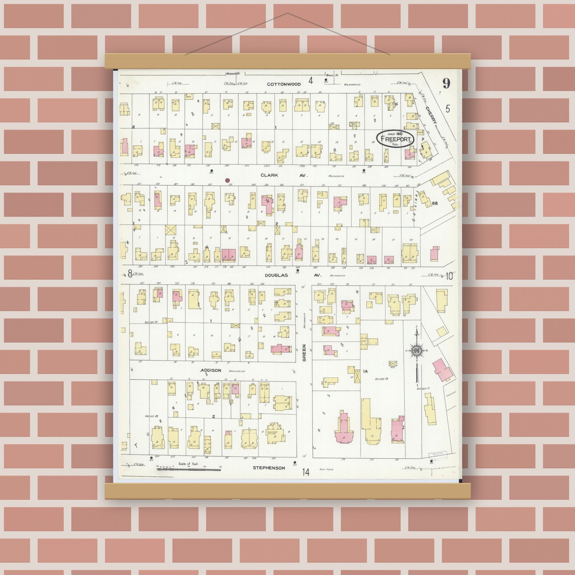 Old map wall art mockup — magnetic wood frame on brick wall — Sanborn Fire Insurance Map from Freeport, Stephenson County, Illinois (1910), Sheet #0009