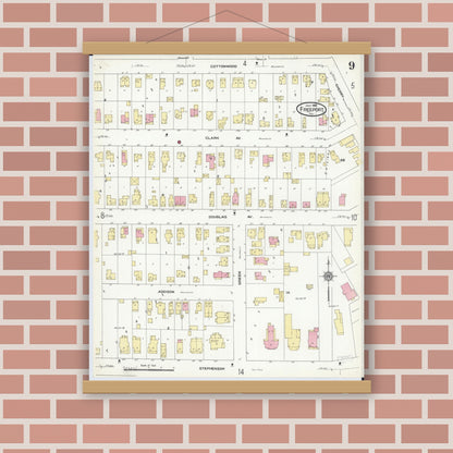 Old map wall art mockup — magnetic wood frame on brick wall — Sanborn Fire Insurance Map from Freeport, Stephenson County, Illinois (1910), Sheet #0009