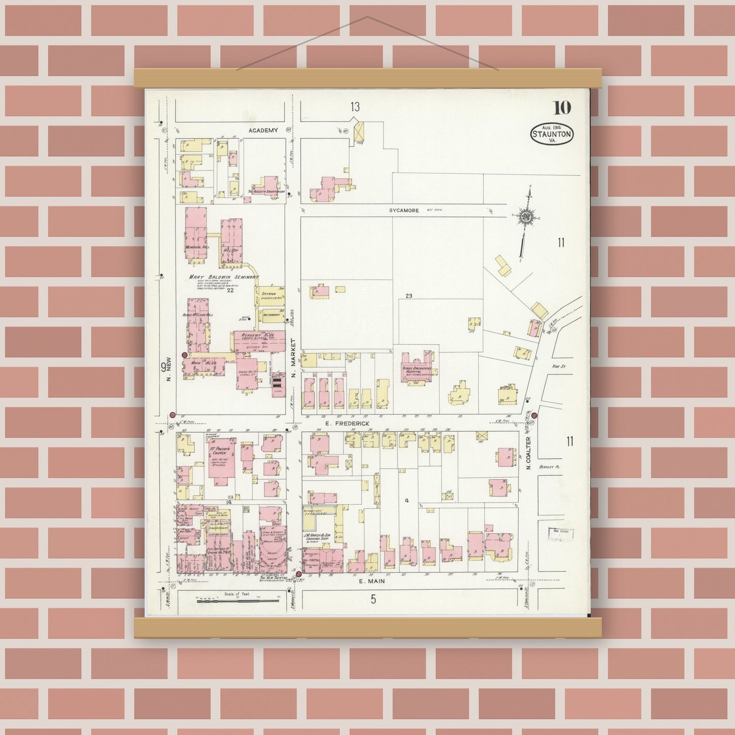Old map wall art mockup — magnetic wood frame on brick wall — Sanborn Fire Insurance Map from Staunton, Independent Cities, Virginia (1914), Sheet #0010