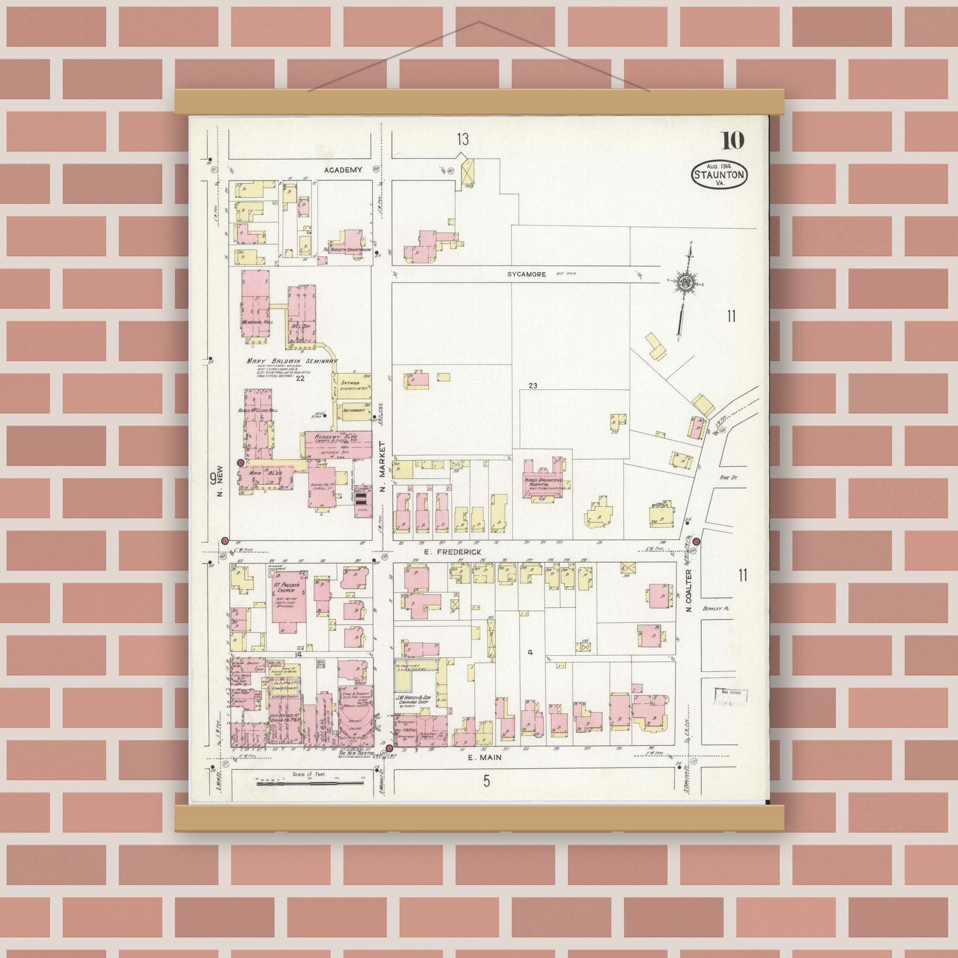 Old map wall art mockup — magnetic wood frame on brick wall — Sanborn Fire Insurance Map from Staunton, Independent Cities, Virginia (1914), Sheet #0010