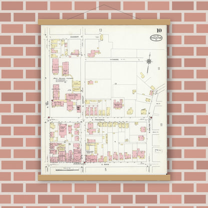 Old map wall art mockup — magnetic wood frame on brick wall — Sanborn Fire Insurance Map from Staunton, Independent Cities, Virginia (1914), Sheet #0010