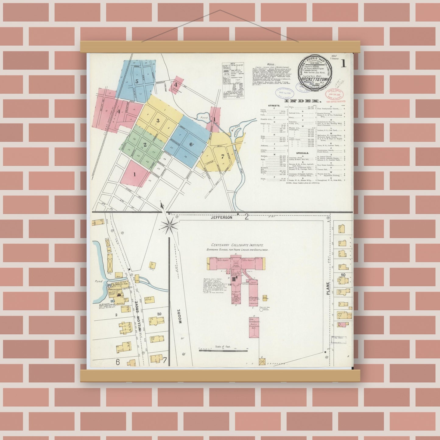 Old map wall art mockup — magnetic wood frame on brick wall — Sanborn Fire Insurance Map from Hackettstown, Warren County, New Jersey (1897) - Complete Map Set
