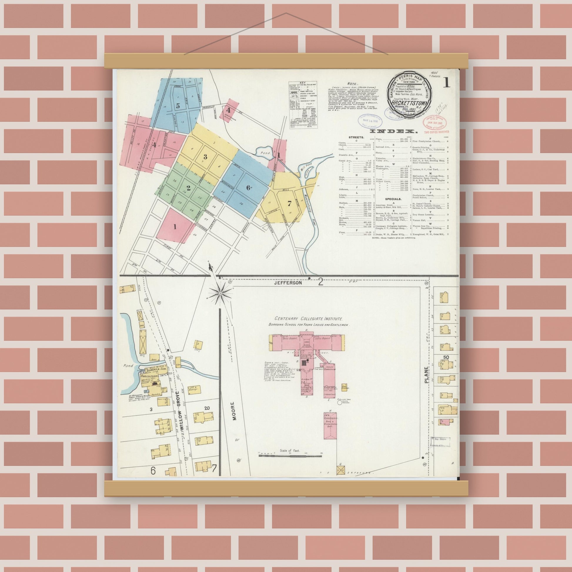 Old map wall art mockup — magnetic wood frame on brick wall — Sanborn Fire Insurance Map from Hackettstown, Warren County, New Jersey (1897) - Complete Map Set