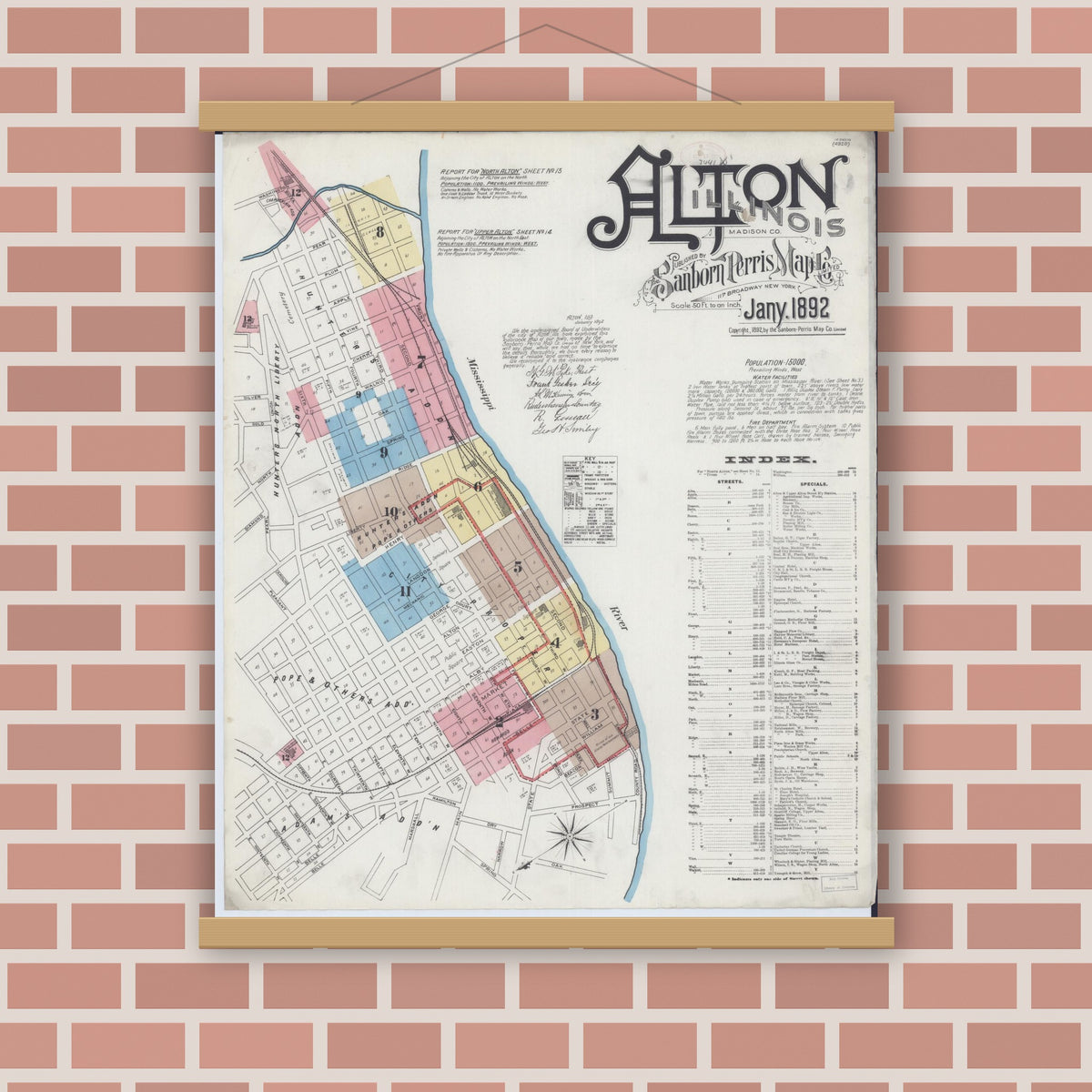 Old map wall art mockup — magnetic wood frame on brick wall — Sanborn Fire Insurance Map from Alton, Madison County, Illinois (1892) - Complete Map Set