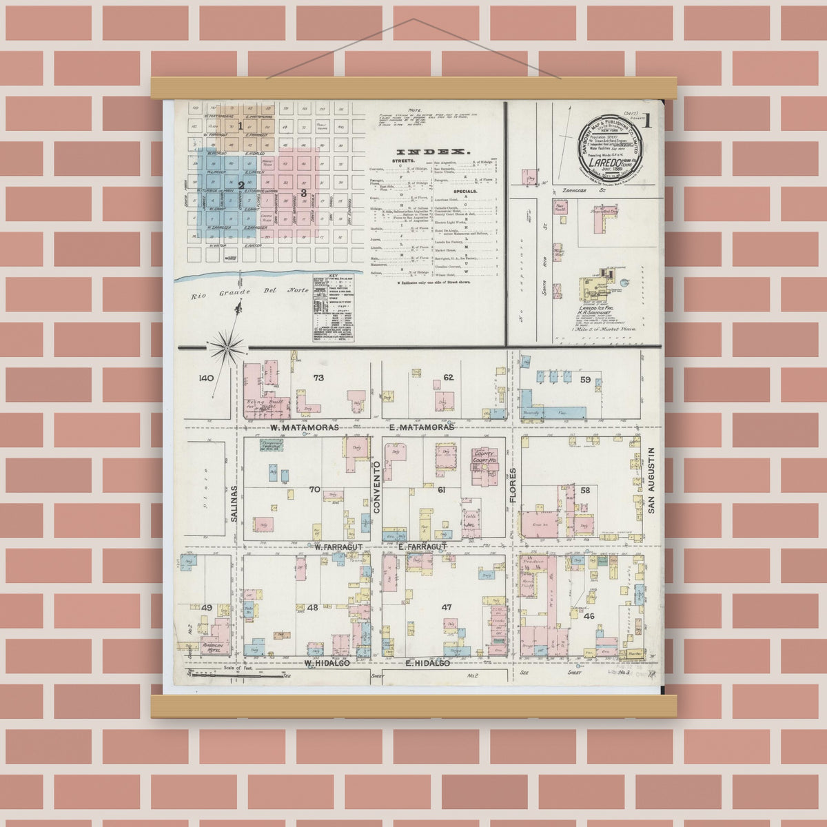 Old map wall art mockup — magnetic wood frame on brick wall — Sanborn Fire Insurance Map from Laredo, Webb County, Texas (1889), Sheet #0001