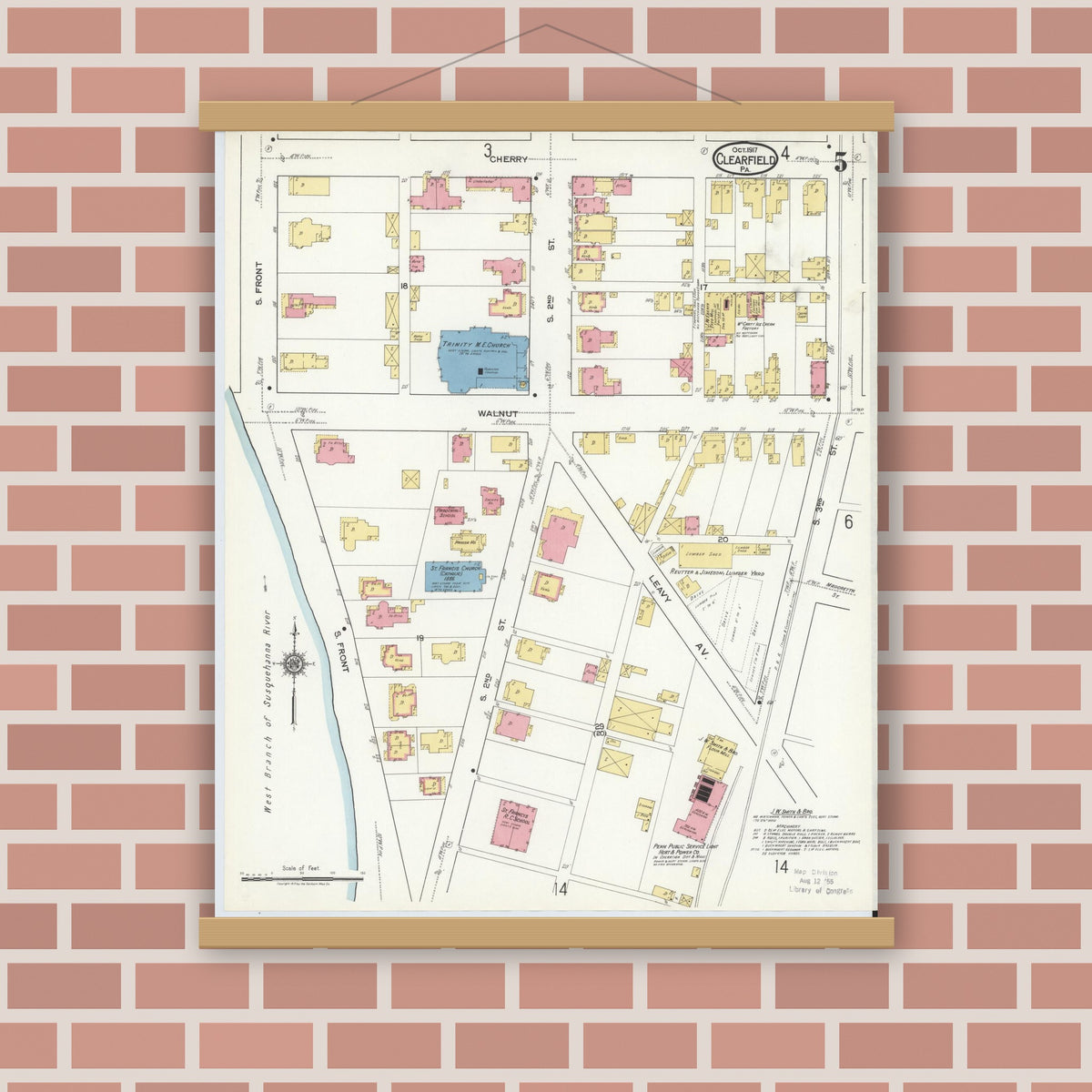 Old map wall art mockup — magnetic wood frame on brick wall — Sanborn Fire Insurance Map from Clearfield, Clearfield County, Pennsylvania (1917), Sheet #0005