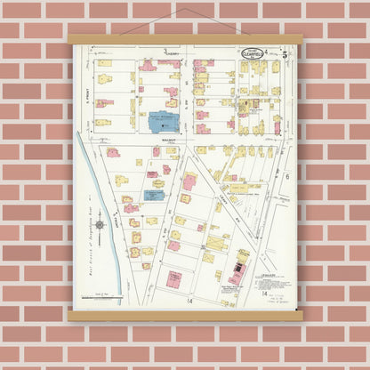 Old map wall art mockup — magnetic wood frame on brick wall — Sanborn Fire Insurance Map from Clearfield, Clearfield County, Pennsylvania (1917), Sheet #0005