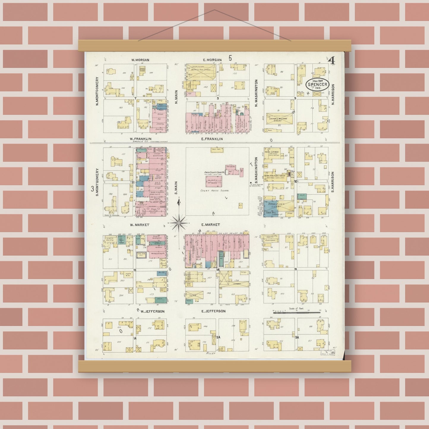 Old map wall art mockup — magnetic wood frame on brick wall — Sanborn Fire Insurance Map from Spencer, Owen County, Indiana (1907), Sheet #0004