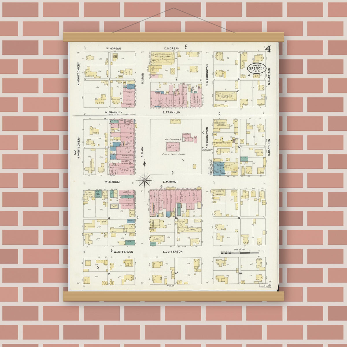 Old map wall art mockup — magnetic wood frame on brick wall — Sanborn Fire Insurance Map from Spencer, Owen County, Indiana (1907), Sheet #0004