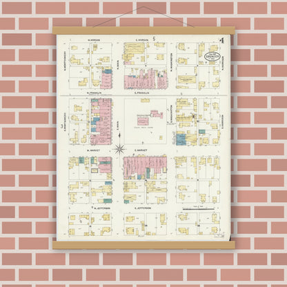 Old map wall art mockup — magnetic wood frame on brick wall — Sanborn Fire Insurance Map from Spencer, Owen County, Indiana (1907), Sheet #0004