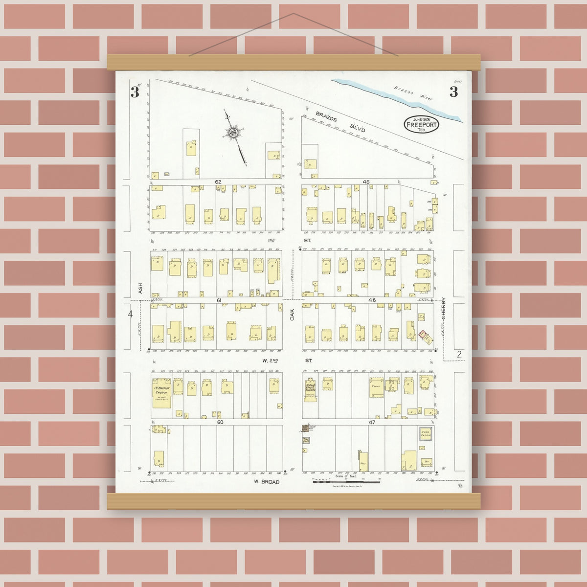 Old map wall art mockup — magnetic wood frame on brick wall — Sanborn Fire Insurance Map from Freeport, Brazoria County, Texas (1926), Sheet #0003