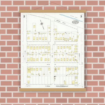 Old map wall art mockup — magnetic wood frame on brick wall — Sanborn Fire Insurance Map from Freeport, Brazoria County, Texas (1926), Sheet #0003