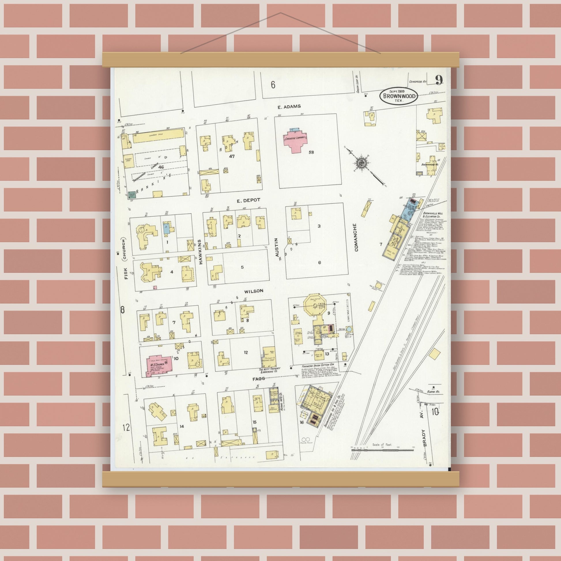 Old map wall art mockup — magnetic wood frame on brick wall — Sanborn Fire Insurance Map from Brownwood, Brown County, Texas (1909), Sheet #0009