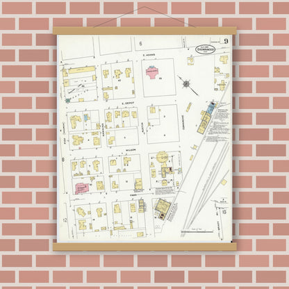 Old map wall art mockup — magnetic wood frame on brick wall — Sanborn Fire Insurance Map from Brownwood, Brown County, Texas (1909), Sheet #0009