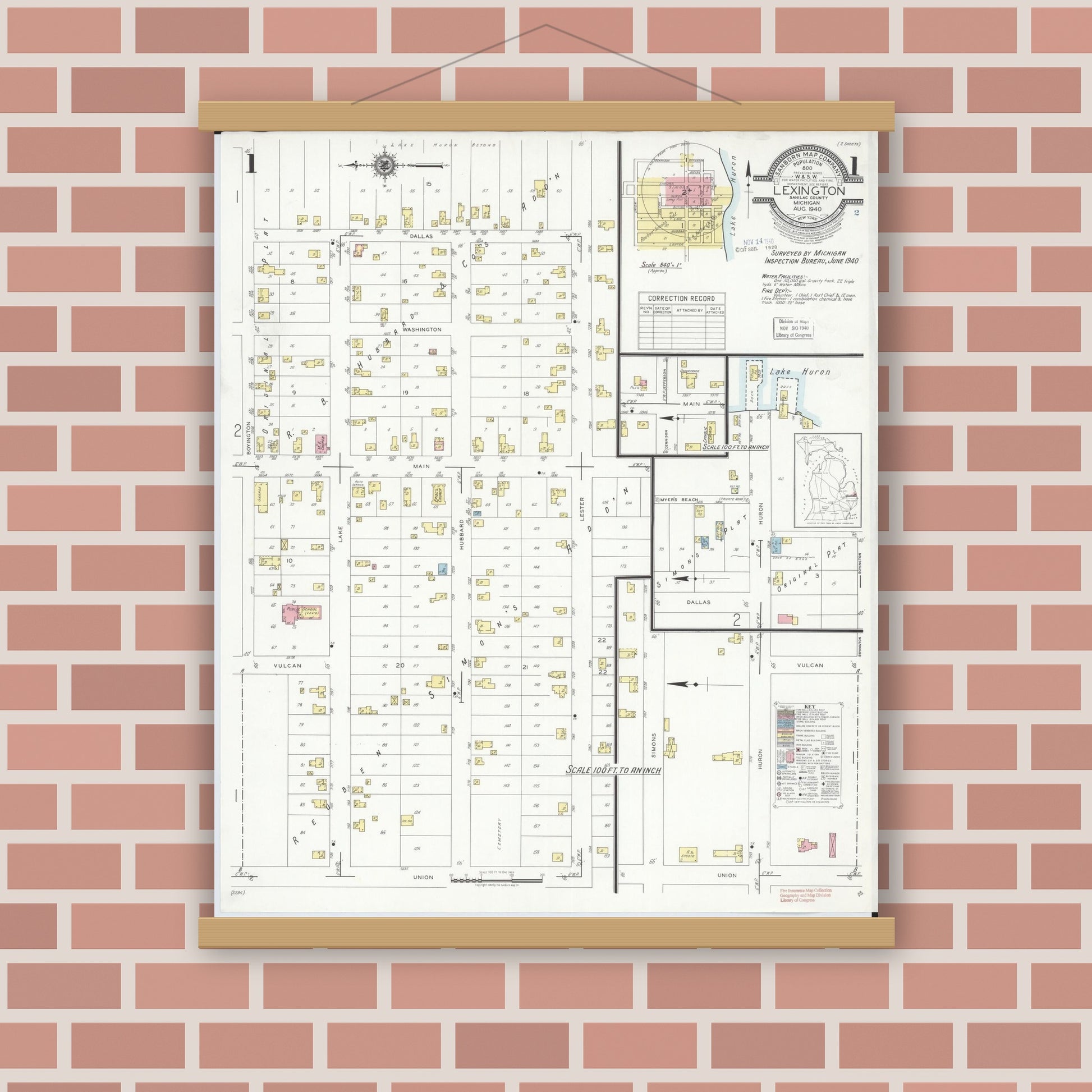 Old map wall art mockup — magnetic wood frame on brick wall — Sanborn Fire Insurance Map from Lexington, Sanilac County, Michigan (1940) - Complete Map Set