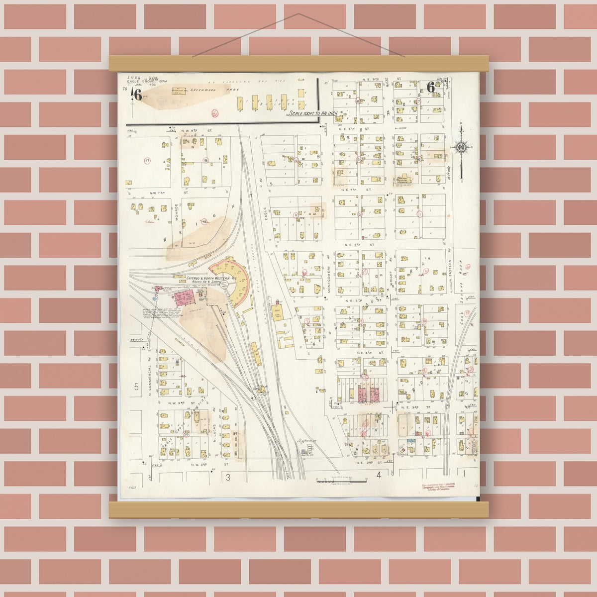 Old map wall art mockup — magnetic wood frame on brick wall — Sanborn Fire Insurance Map from Eagle Grove, Wright County, Iowa (1941), Sheet #0006