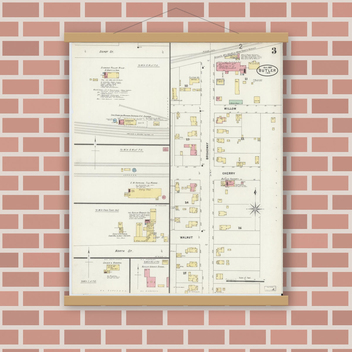 Old map wall art mockup — magnetic wood frame on brick wall — Sanborn Fire Insurance Map from Butler, De Kalb County, Indiana (1897), Sheet #0003