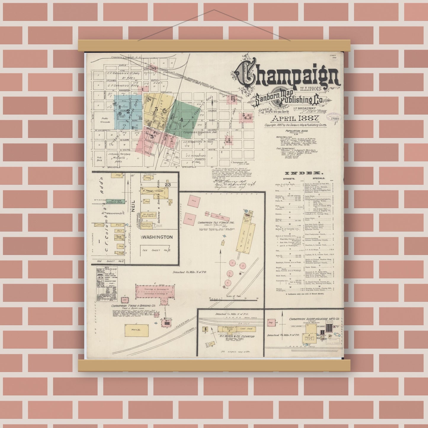 Old map wall art mockup — magnetic wood frame on brick wall — Sanborn Fire Insurance Map from Champaign, Champaign County, Illinois (1887), Sheet #0001