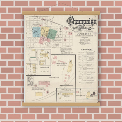 Old map wall art mockup — magnetic wood frame on brick wall — Sanborn Fire Insurance Map from Champaign, Champaign County, Illinois (1887), Sheet #0001