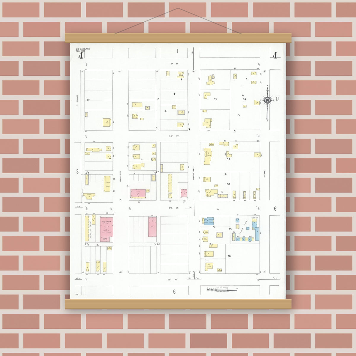 Old map wall art mockup — magnetic wood frame on brick wall — Sanborn Fire Insurance Map from Big Lake, Reagan County, Texas (1949), Sheet #0004
