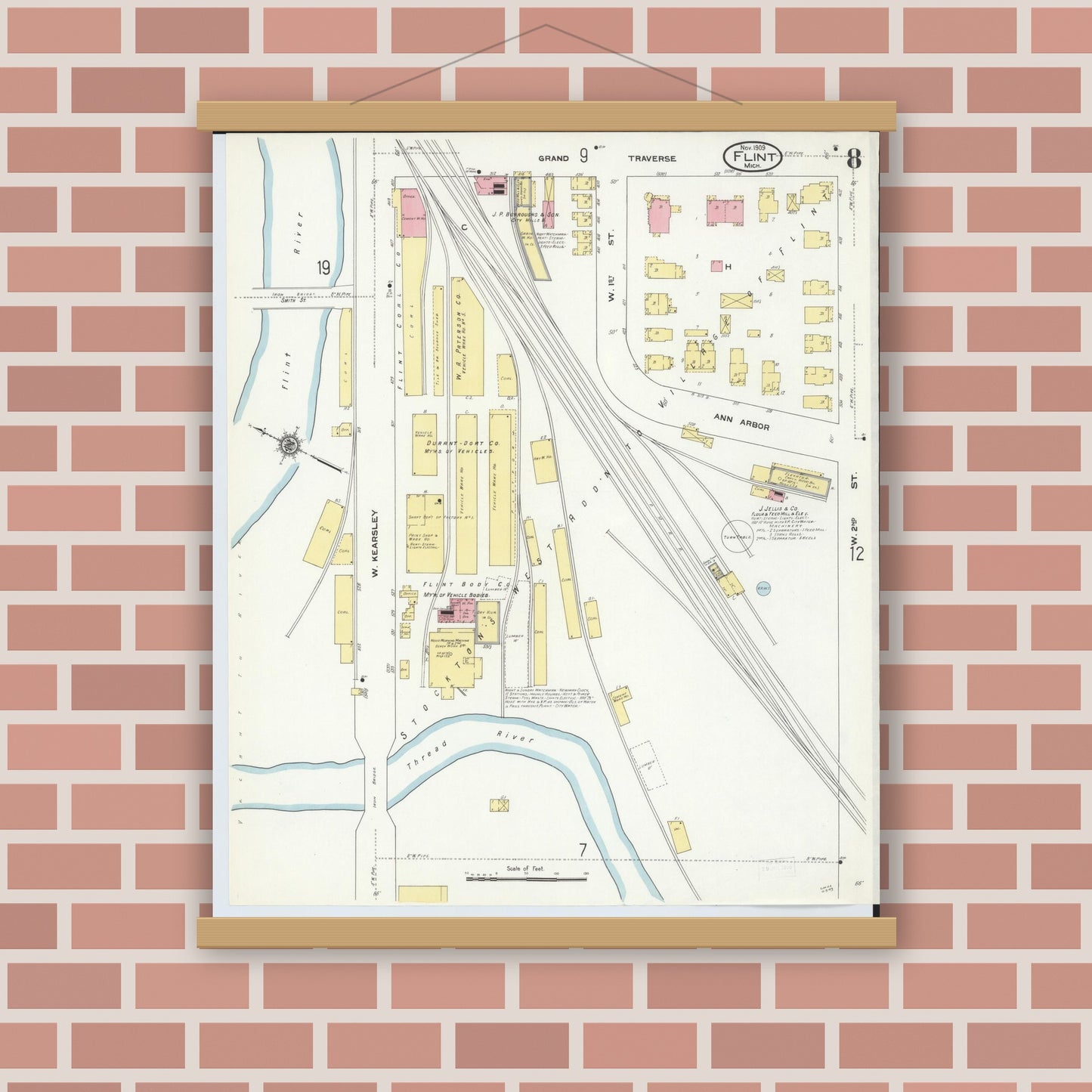 Old map wall art mockup — magnetic wood frame on brick wall — Sanborn Fire Insurance Map from Flint, Genesee County, Michigan (1909), Sheet #0008