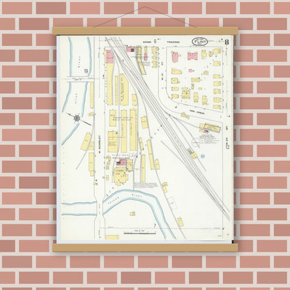 Old map wall art mockup — magnetic wood frame on brick wall — Sanborn Fire Insurance Map from Flint, Genesee County, Michigan (1909), Sheet #0008